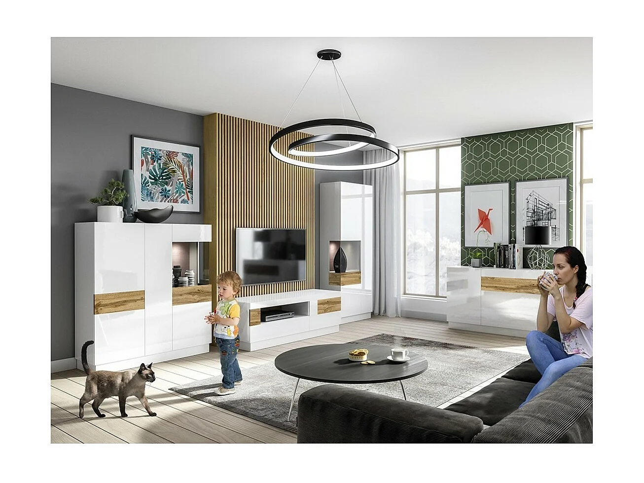 Mobile TV 160cm collezione KILES. Colori bianco e rovere. Stile design.