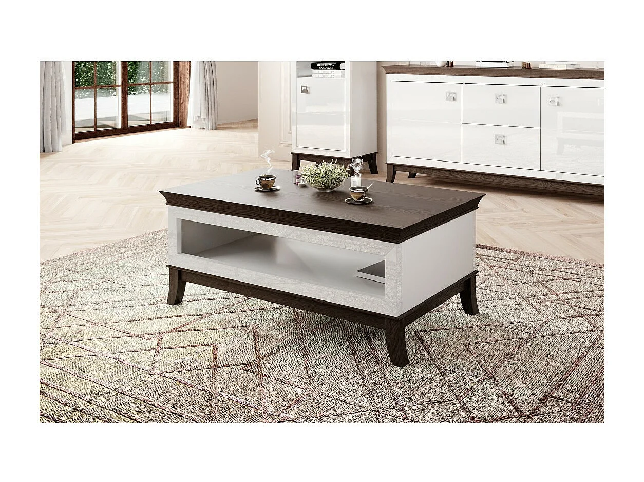 Table basse chic rectangulaire collection PALACE Coloris blanc et chêne foncé