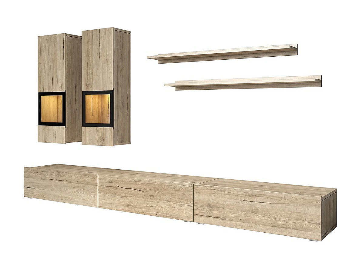 Conjunto de móveis para sala de estar, coleção RAMOS. Cores carvalho e preto.