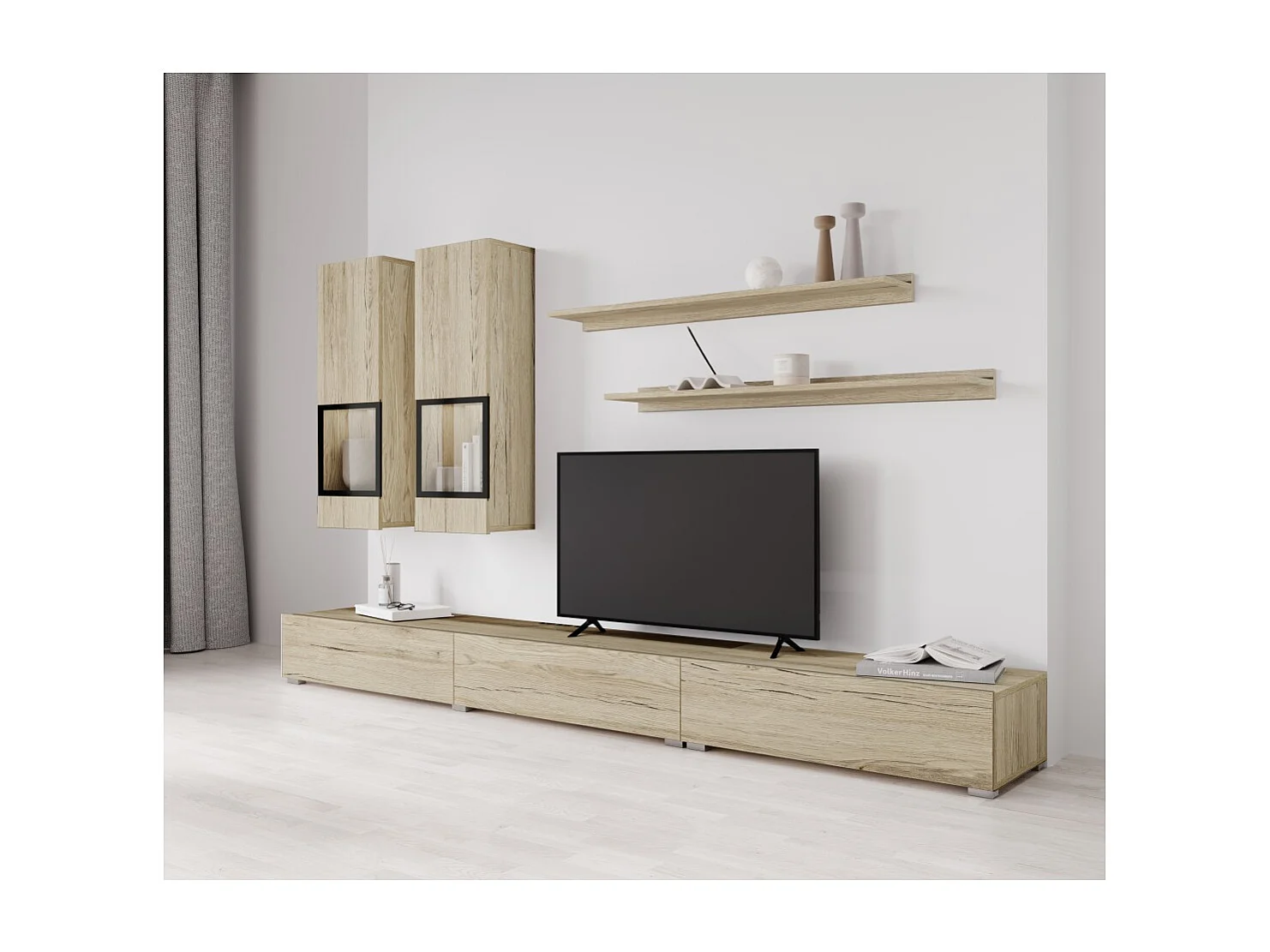 Ensemble meubles de salon RAMOS – Coloris chêne et noir – Meuble TV, vitrines, étagères – Sans LED