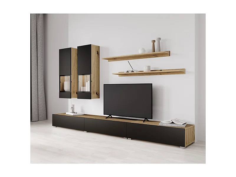 Conjunto de móveis para sala de estar coleção RAMOS. Cores em carvalho e preto super fosco.