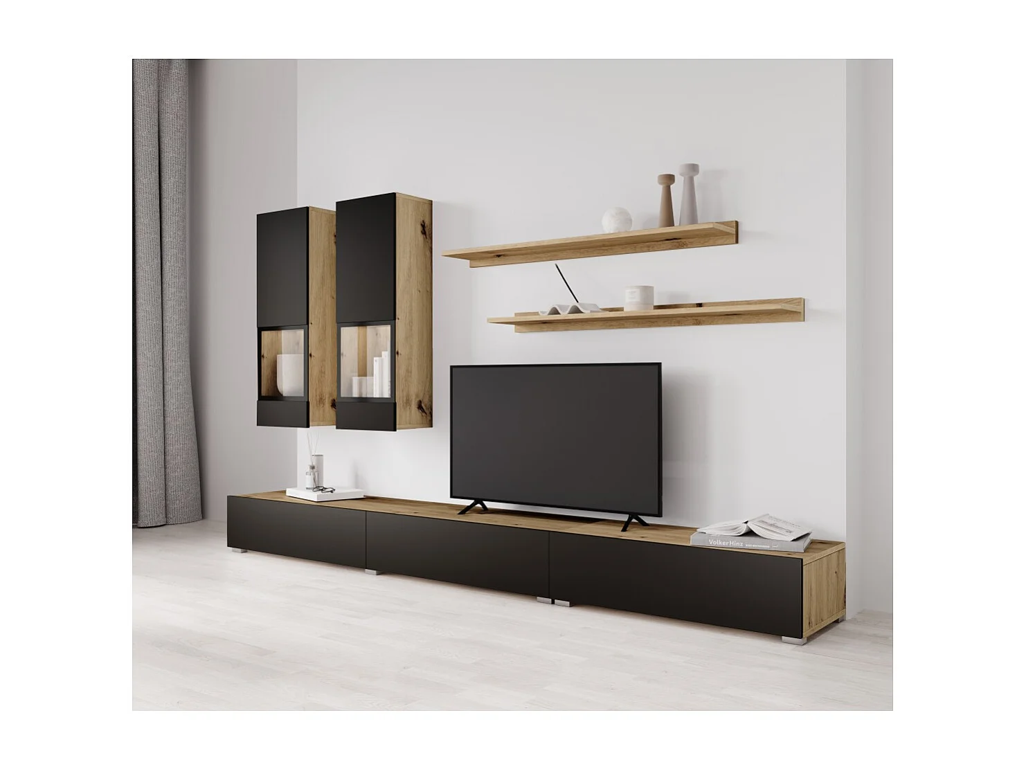 Set mobili da salotto RAMOS – Rovere e nero super opaco – Design contemporaneo senza LED