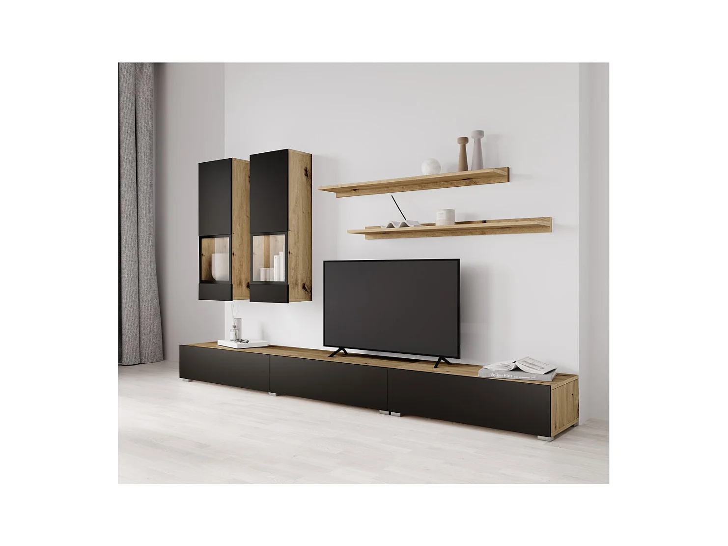 Ensemble meubles de salon RAMOS – Chêne et noir super mat – Design contemporain sans LED