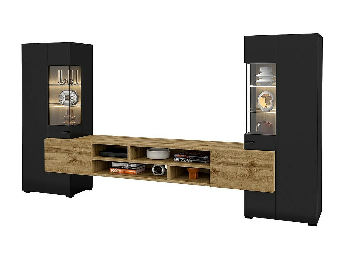 Set di 3 mobili da salotto collezione KOBEE. Colore nero e quercia.