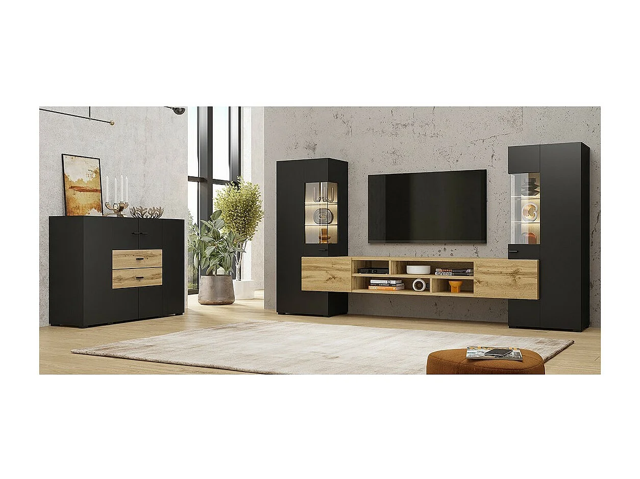 Set di 3 mobili da salotto collezione KOBEE. Colore nero e quercia.