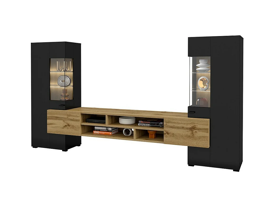 Ensemble de 3 meubles de salon collection KOBEE. Couleur noir et chêne