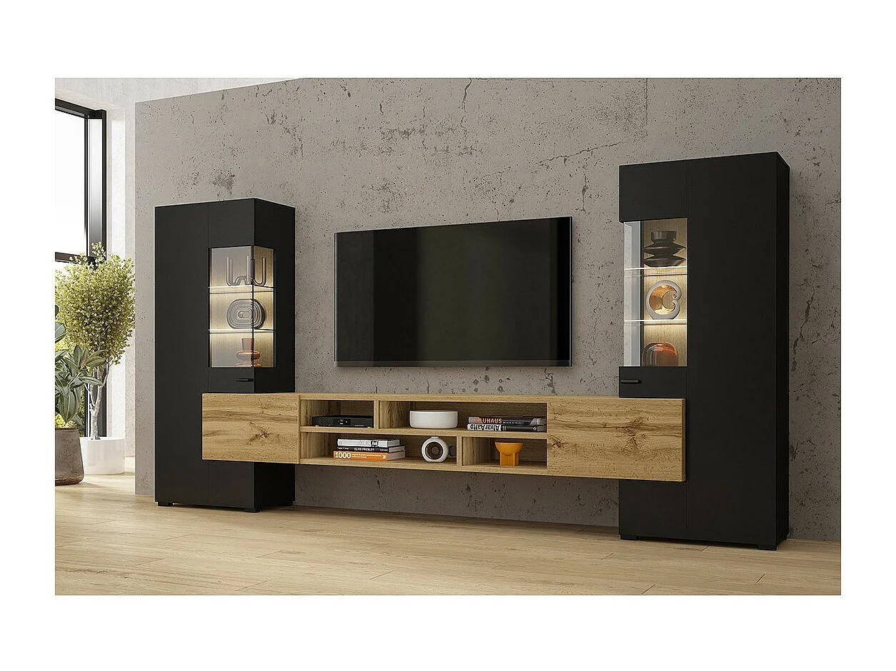 Ensemble de 3 meubles de salon collection KOBEE. Couleur noir et chêne