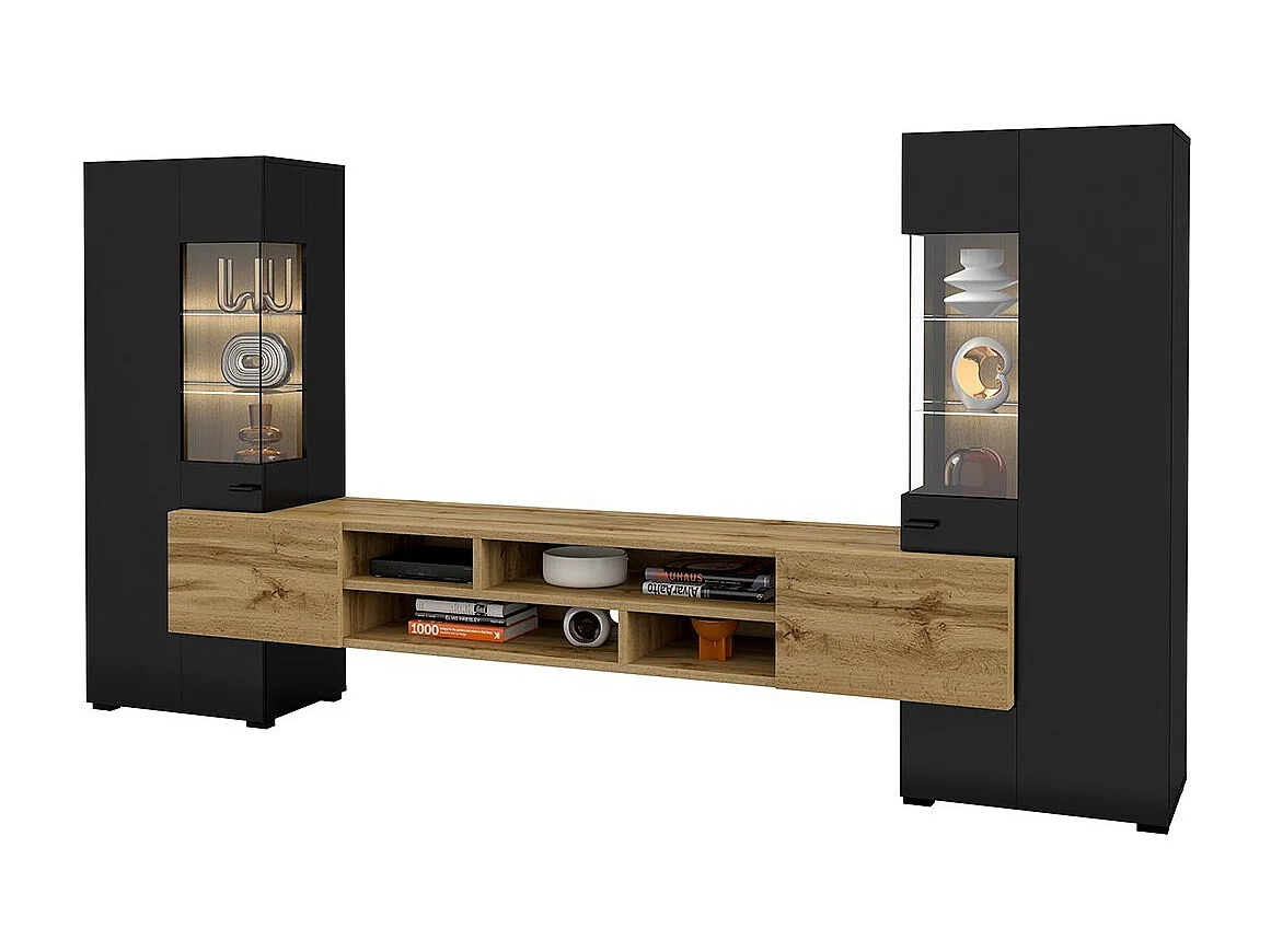 Conjunto de 3 muebles de salón colección KOBEE. Color negro y roble.