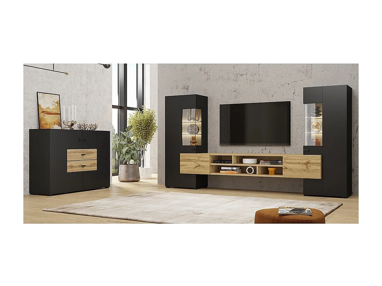 Conjunto de 3 muebles de salón colección KOBEE. Color negro y roble.