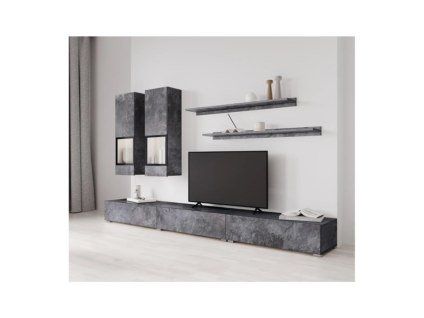 Conjunto de móveis para sala de estar da coleção RAMOS. Cor cinza efeito ardósia.