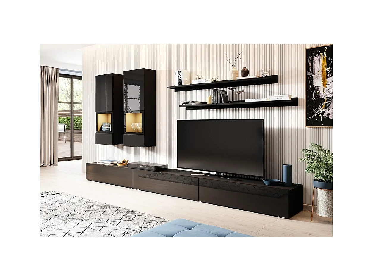 Ensemble meubles de salon collection RAMOS. Coloris noir brillant.