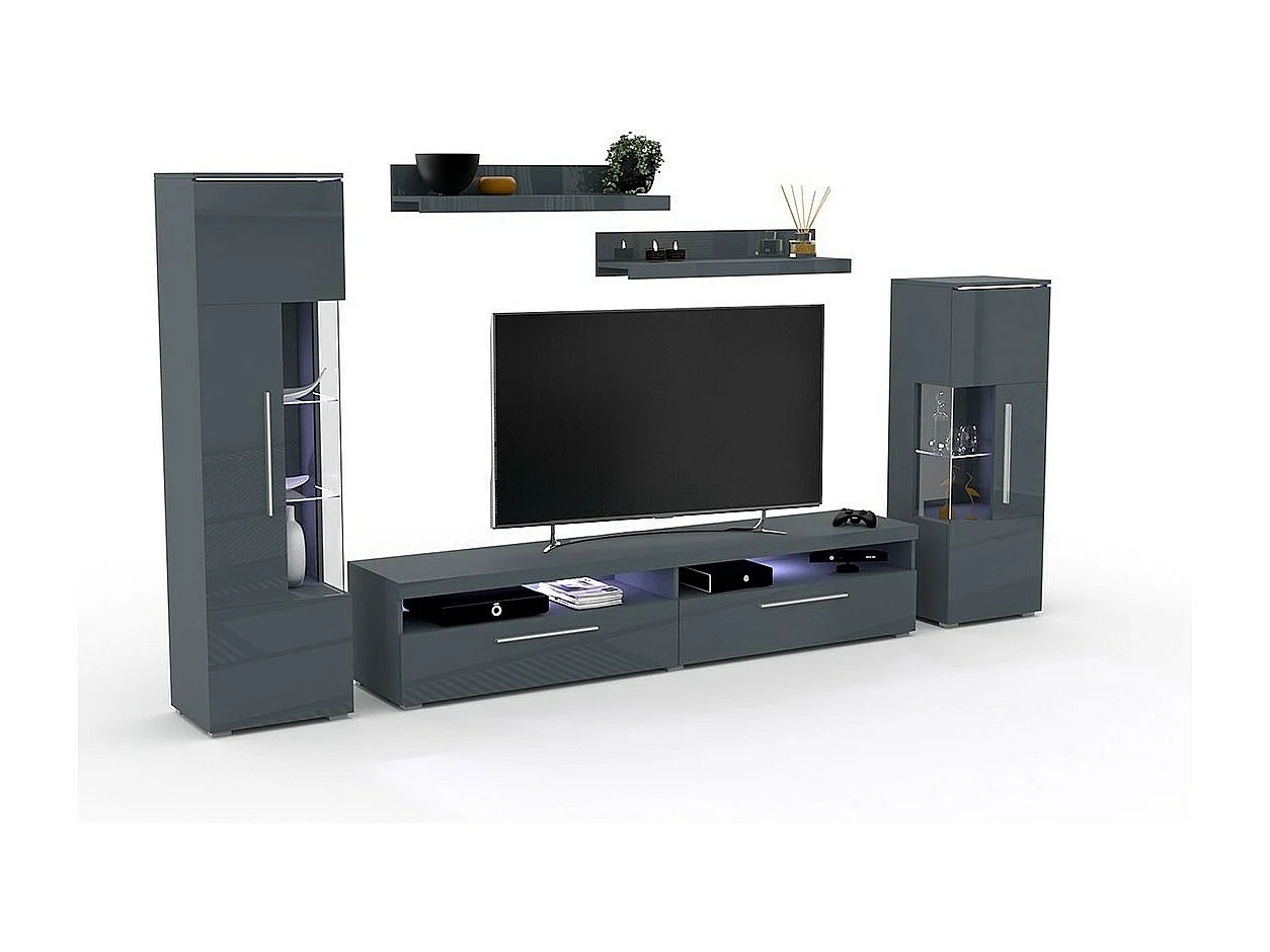 Composition de 5 meubles design pour salon coloris gris brillant collection BOMBAY