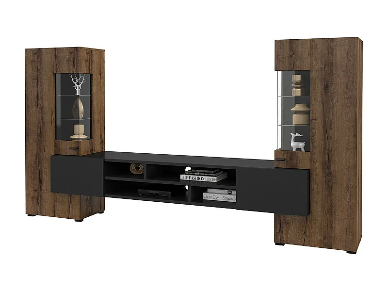 Conjunto de 3 móveis para sala de estar da coleção KOBEE. Cor carvalho escuro e preto.