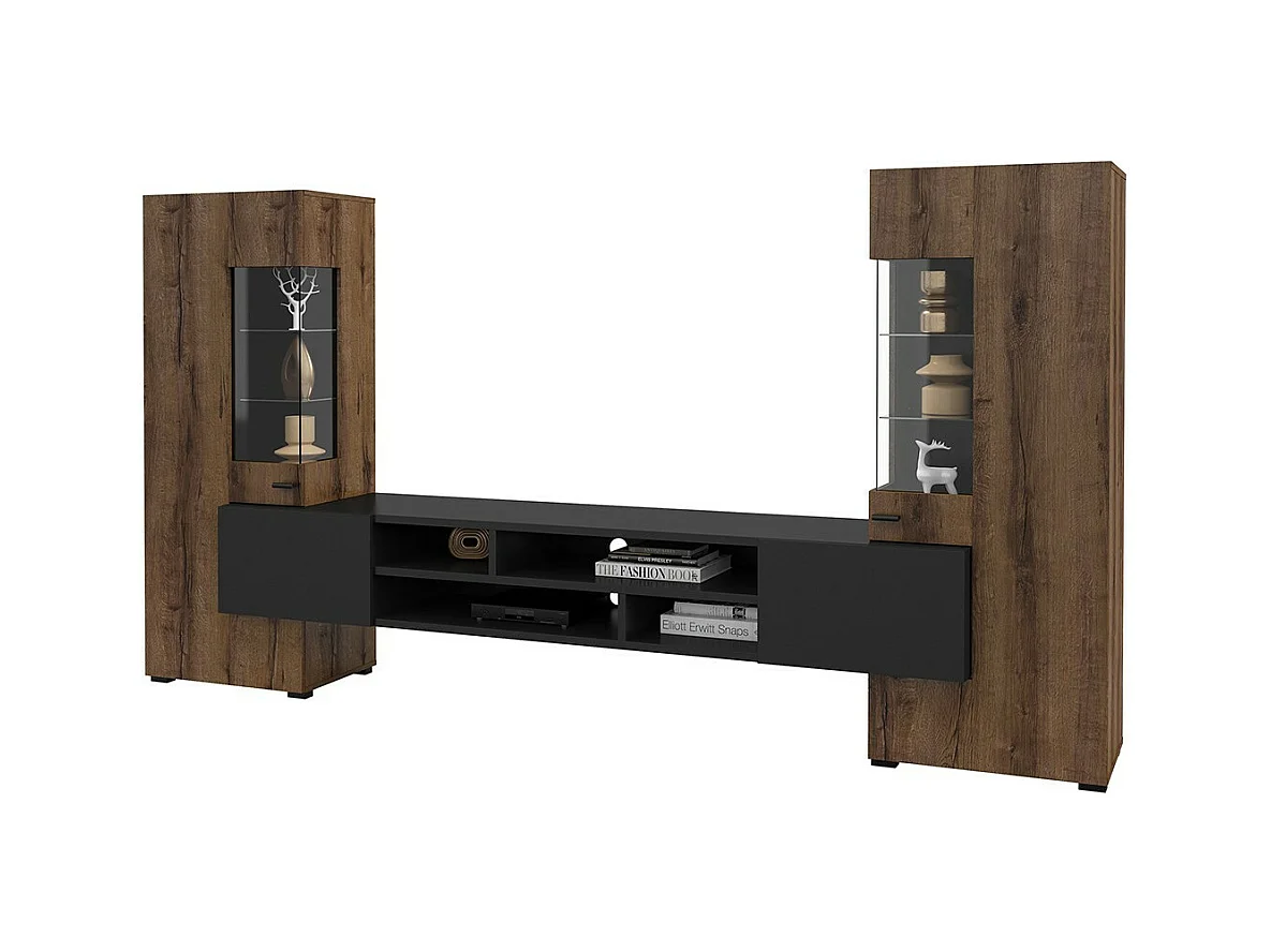 Ensemble de 3 meubles de salon collection KOBEE. Couleur chêne foncé et noir.