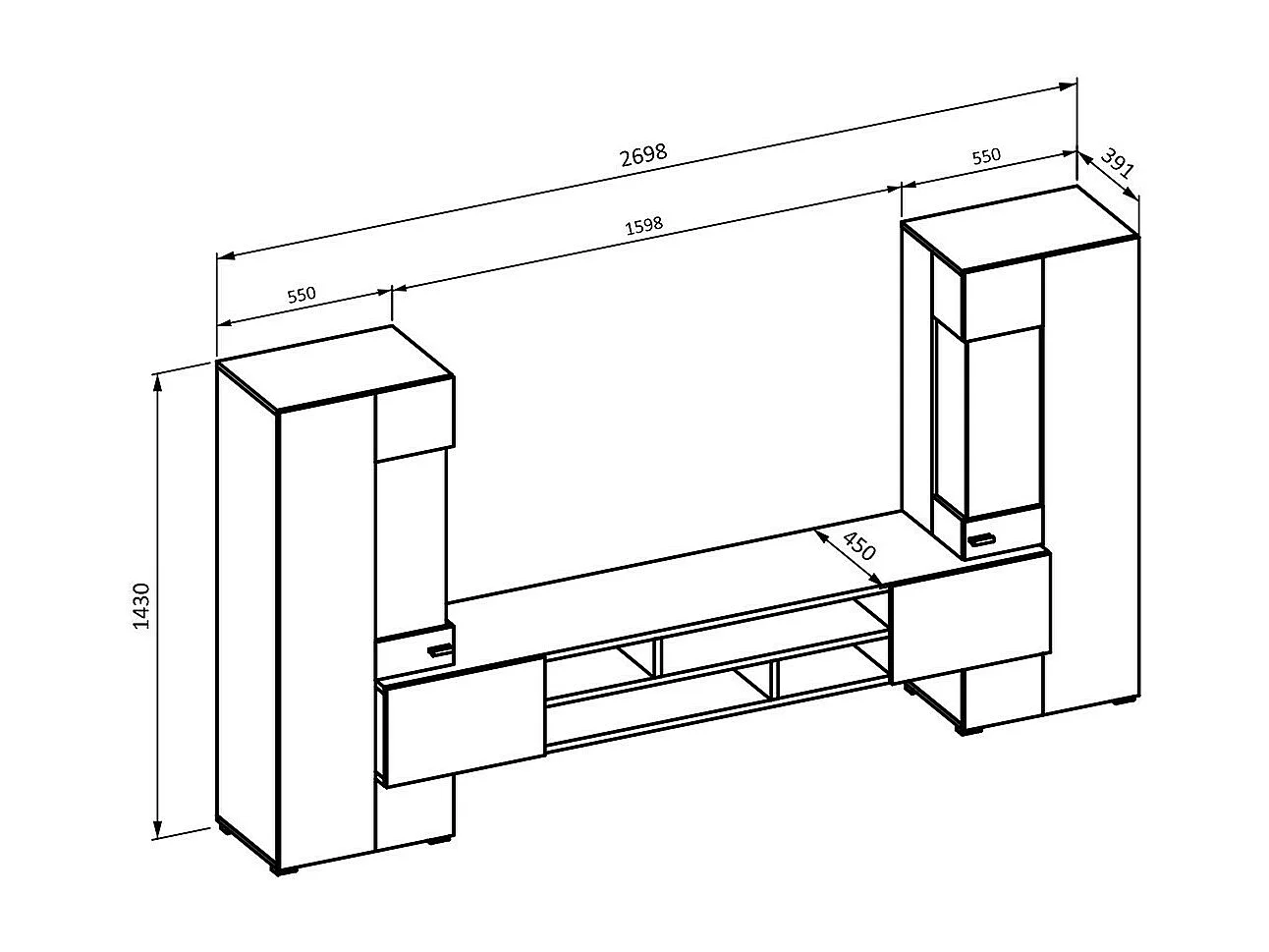 Ensemble de 3 meubles de salon collection KOBEE. Couleur chêne foncé et noir.