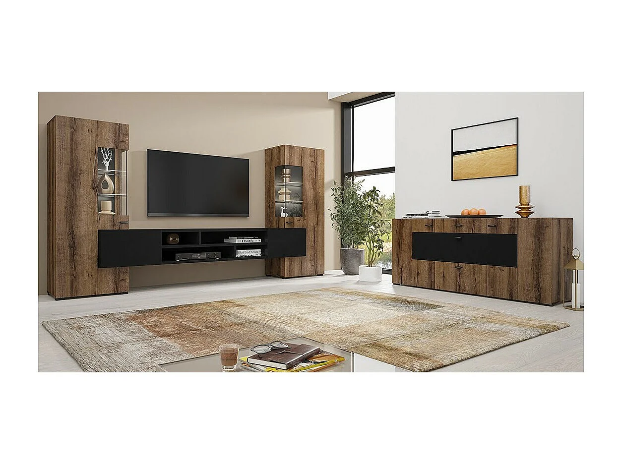 Ensemble de 3 meubles de salon collection KOBEE. Couleur chêne foncé et noir.