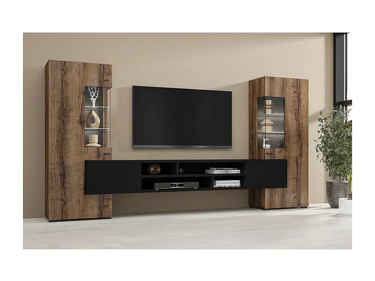 Ensemble de 3 meubles de salon collection KOBEE. Couleur chêne foncé et noir.