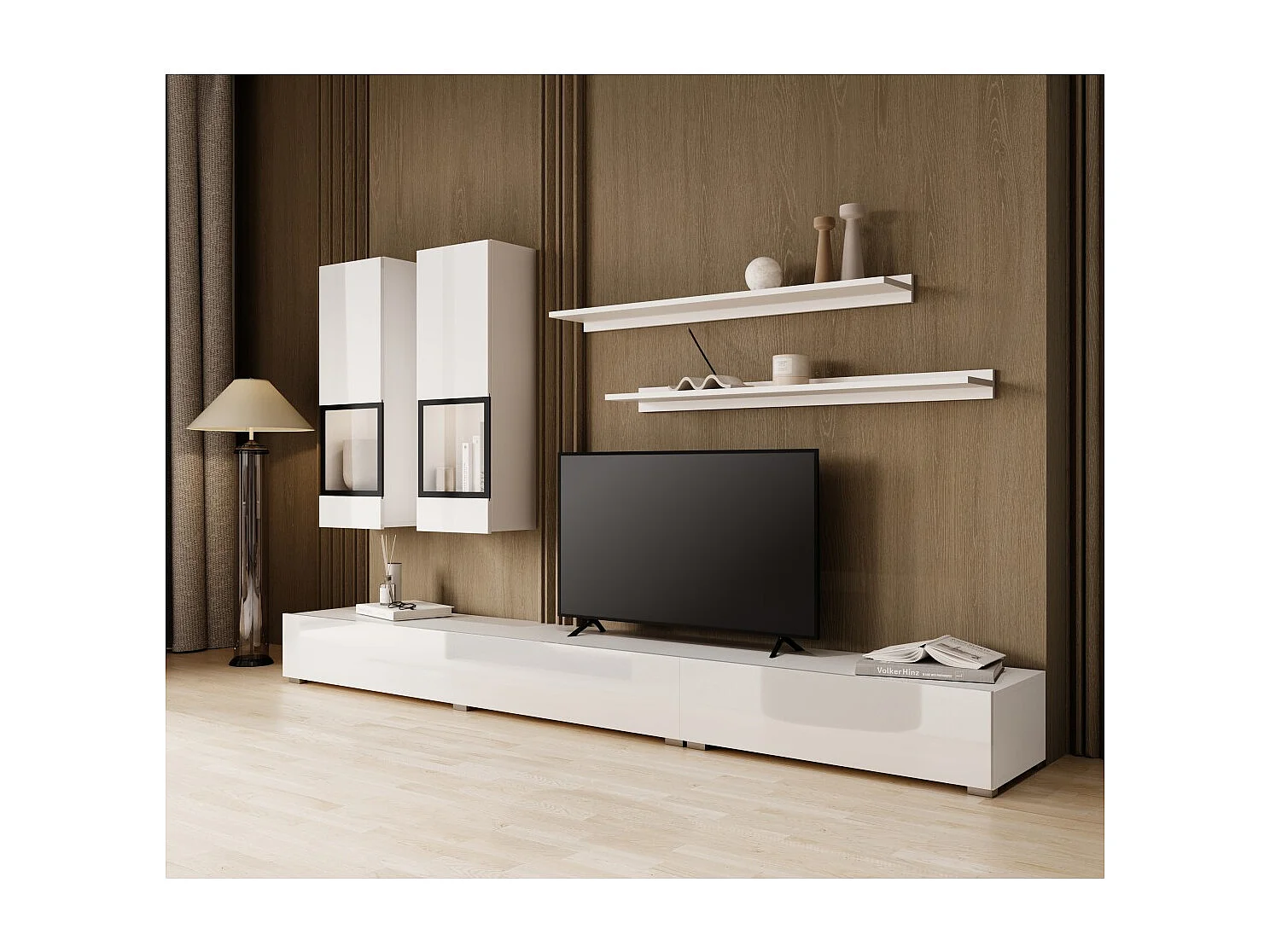 Composizione murale RAMOS – Colore bianco – Mobile TV XL, 2 vetrine e 2 scaffali – Design