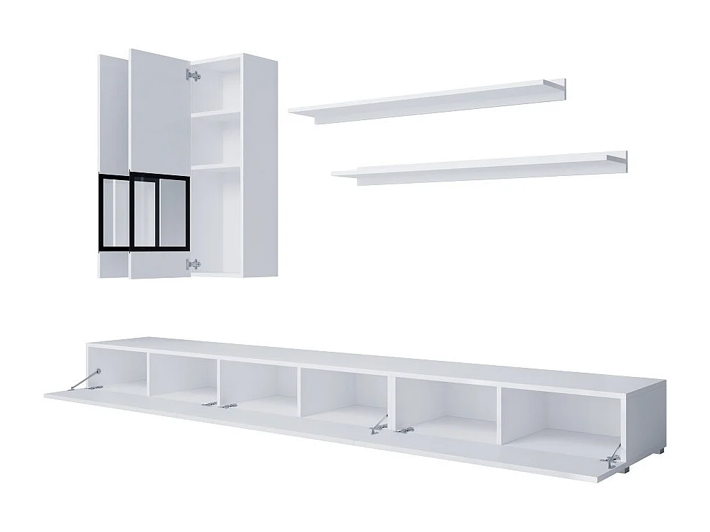 Composizione murale RAMOS – Colore bianco – Mobile TV XL, 2 vetrine e 2 scaffali – Design
