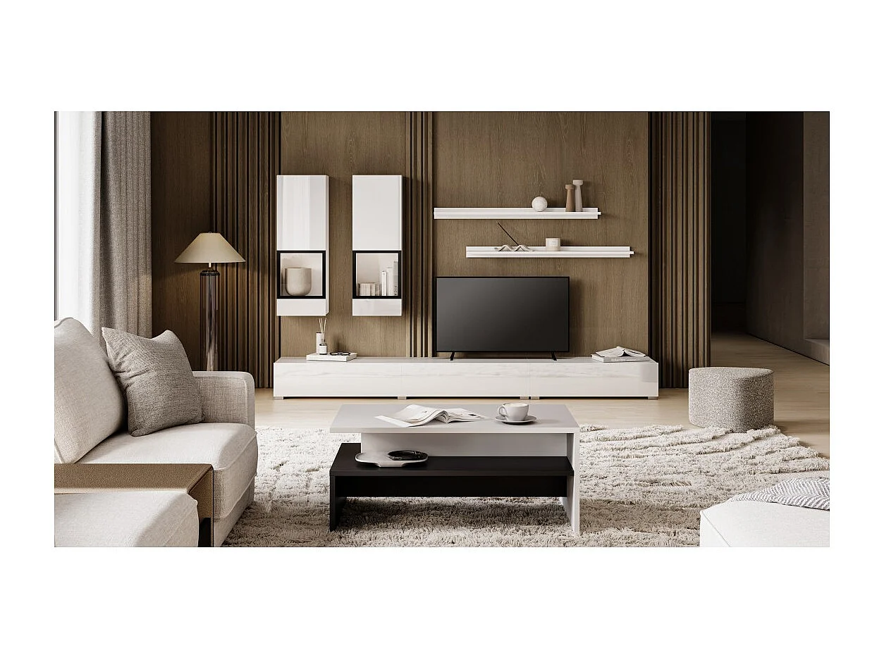 Composizione murale RAMOS – Colore bianco – Mobile TV XL, 2 vetrine e 2 scaffali – Design