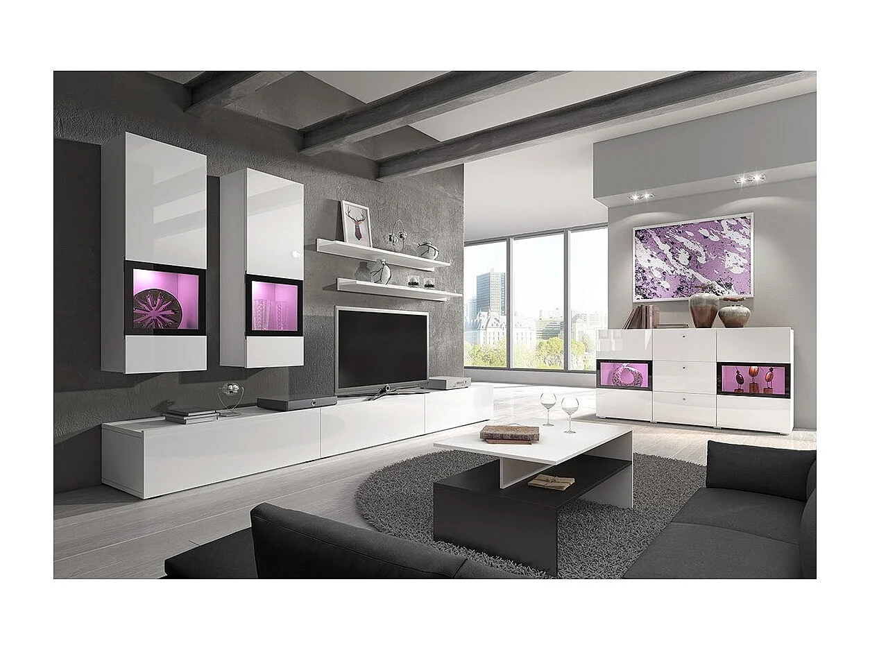 Composizione murale RAMOS – Colore bianco – Mobile TV XL, 2 vetrine e 2 scaffali – Design