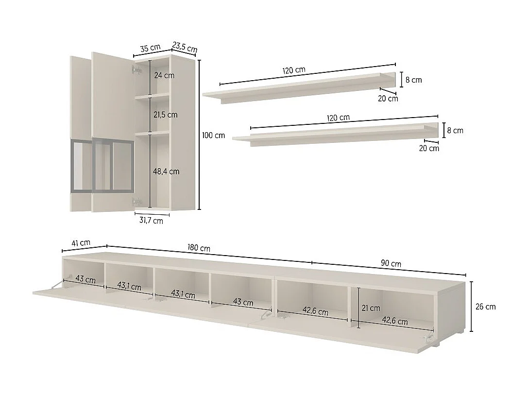 Composizione murale RAMOS – Colore bianco – Mobile TV XL, 2 vetrine e 2 scaffali – Design