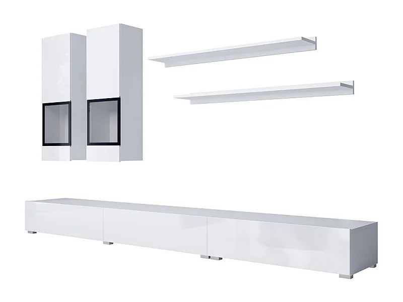 Composizione murale RAMOS – Colore bianco – Mobile TV XL, 2 vetrine e 2 scaffali – Design