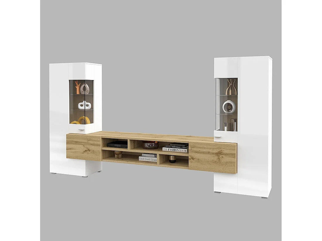 Ensemble de 3 meubles de salon collection KOBEE. Couleur blanc et chêne