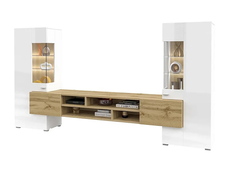 Conjunto de 3 móveis para sala de estar da coleção KOBEE. Cor branca e carvalho.