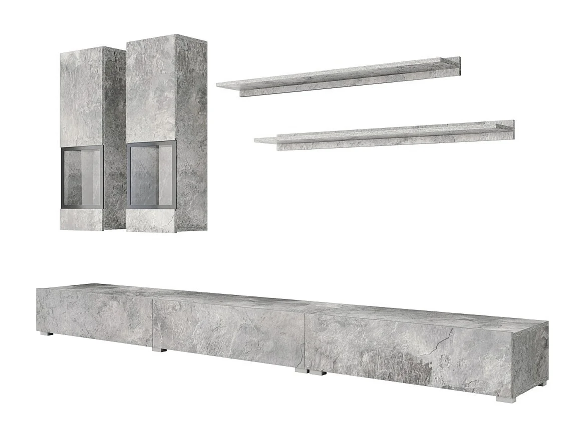 Ensemble salon mural RAMOS – Gris effet béton – Meuble TV XL + vitrines + étagères – Sans LED