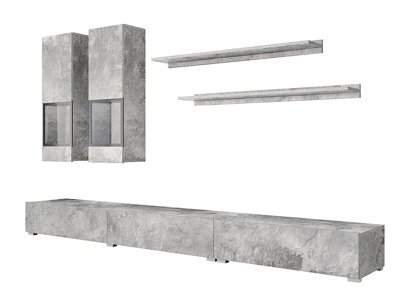Wandmeubelset RAMOS - Grijs betoneffect - XL TV-meubel + vitrines + planken - Zonder LED