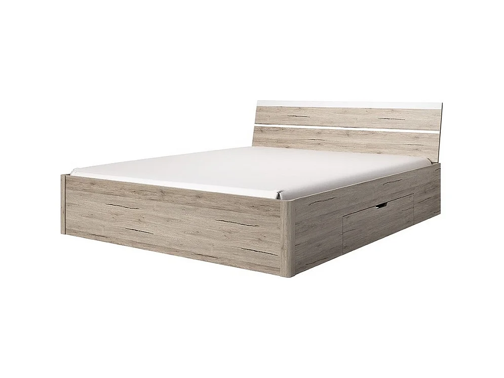 Lit adulte 160x200 avec tiroirs intégrés - Collection EOS. Coloris chêne clair et blanc