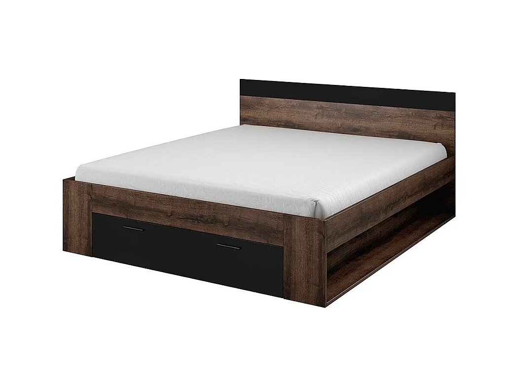 Lit adulte 180x200 avec tiroirs intégrés - Collection EOS. Coloris chêne foncé et noir