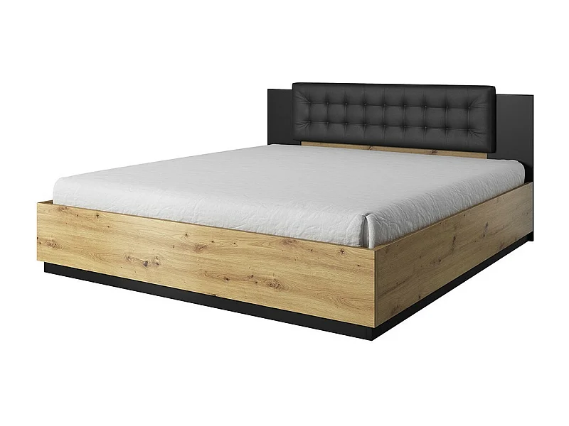 Volwassen bed 180x200 in licht eiken en zwarte kleur, FOX collectie - Lattenbodem niet inbegrepen