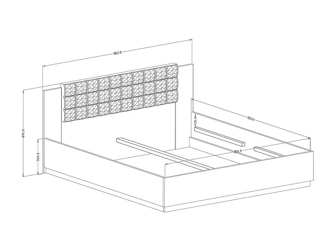 Volwassen bed 180x200 in licht eiken en zwarte kleur, FOX collectie - Lattenbodem niet inbegrepen