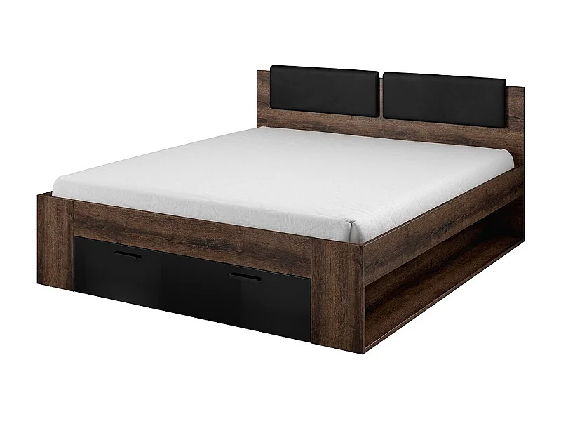 Tweepersoonsbed 160x200 met ingebouwde lades - Collectie FLOYD. Kleur donker eiken en zwart.