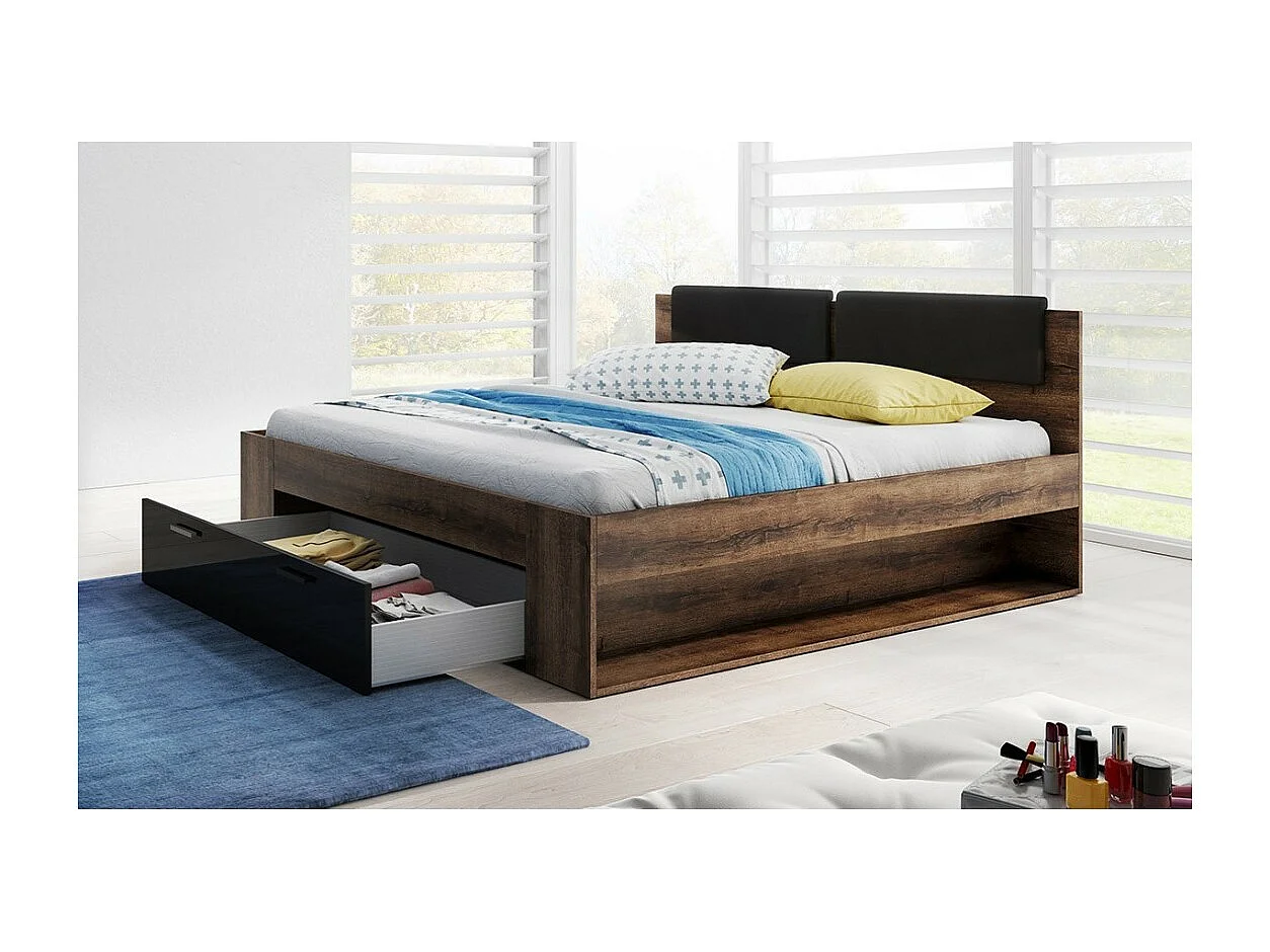 Tweepersoonsbed 160x200 met ingebouwde lades - Collectie FLOYD. Kleur donker eiken en zwart.