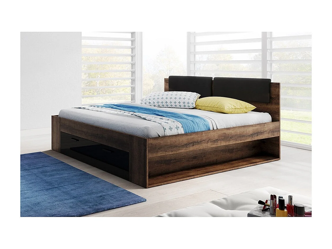 Lit adulte 160x200 avec tiroirs intégrés - Collection FLOYD. Coloris chêne foncé et noir