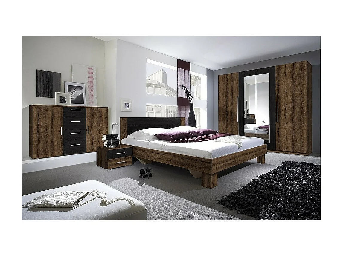 Lit adulte 160x200 collection IRINA. Coloris chêne foncé et noir