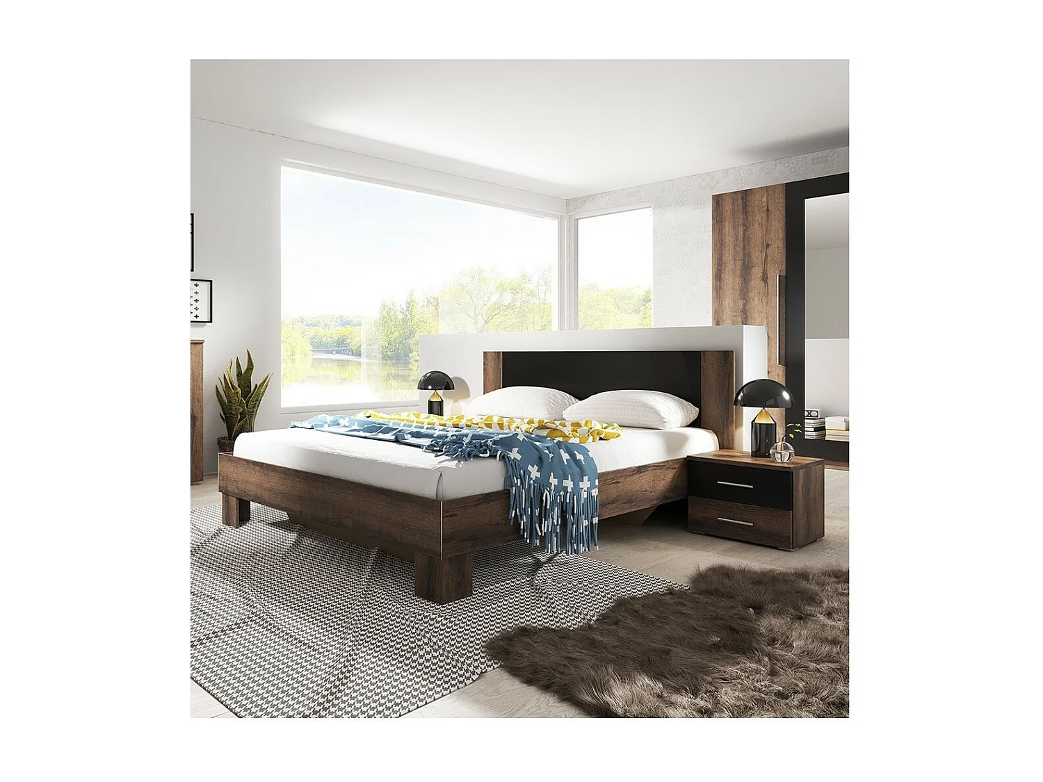 Lit adulte 160x200 collection IRINA. Coloris chêne foncé et noir