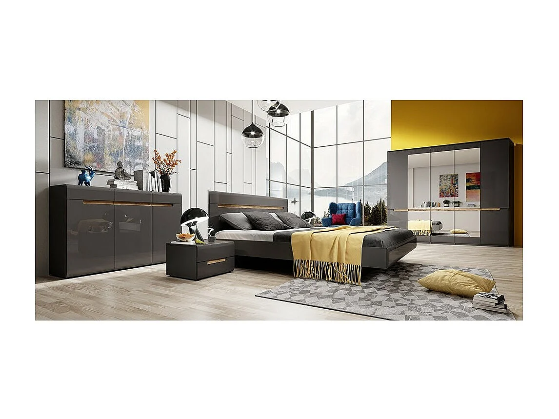 Lit adulte design 160x200 collection LUCIA. Coloris gris et chêne