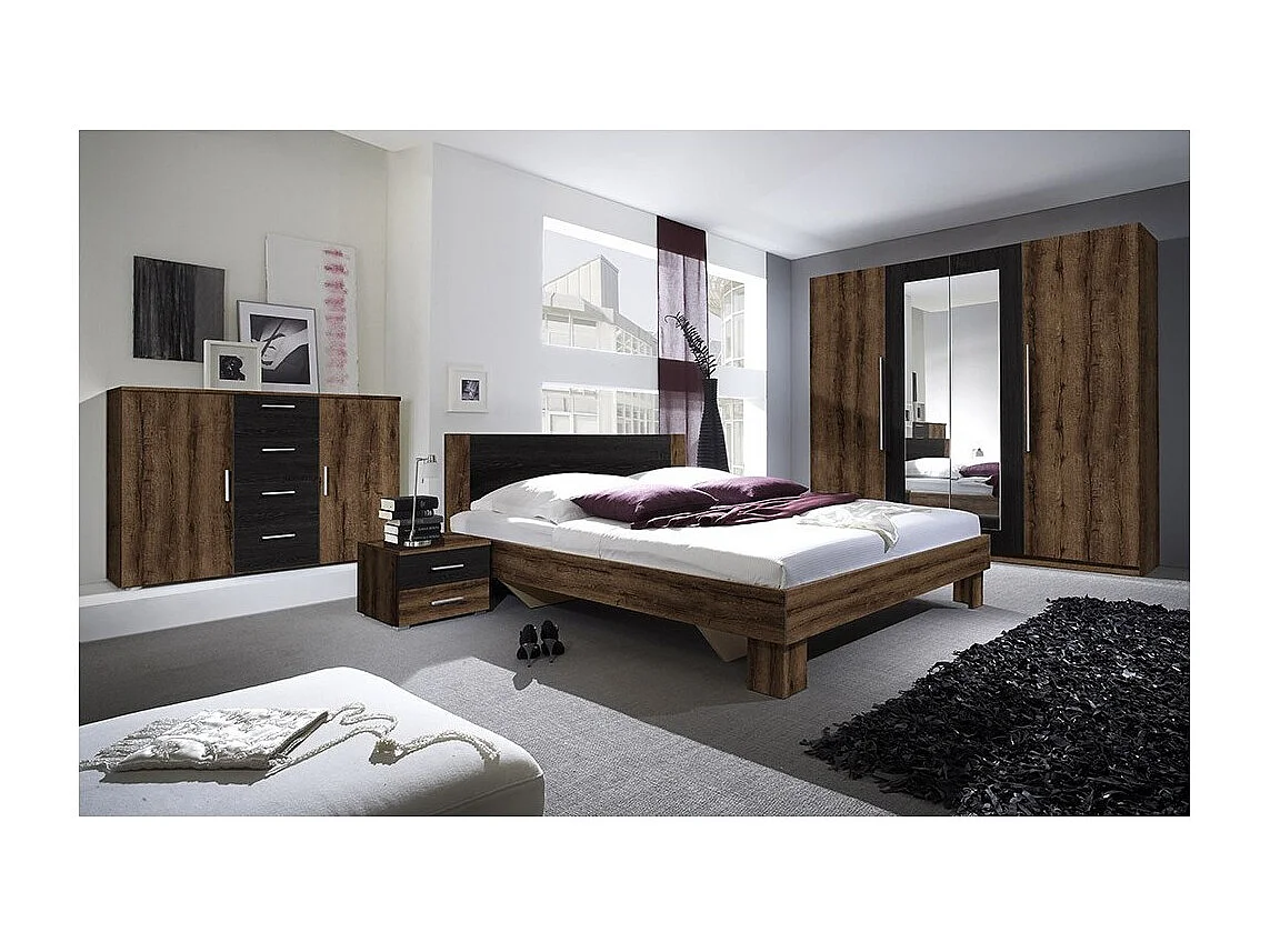 Lit adulte 180x200 collection IRINA. Coloris chêne foncé et noir