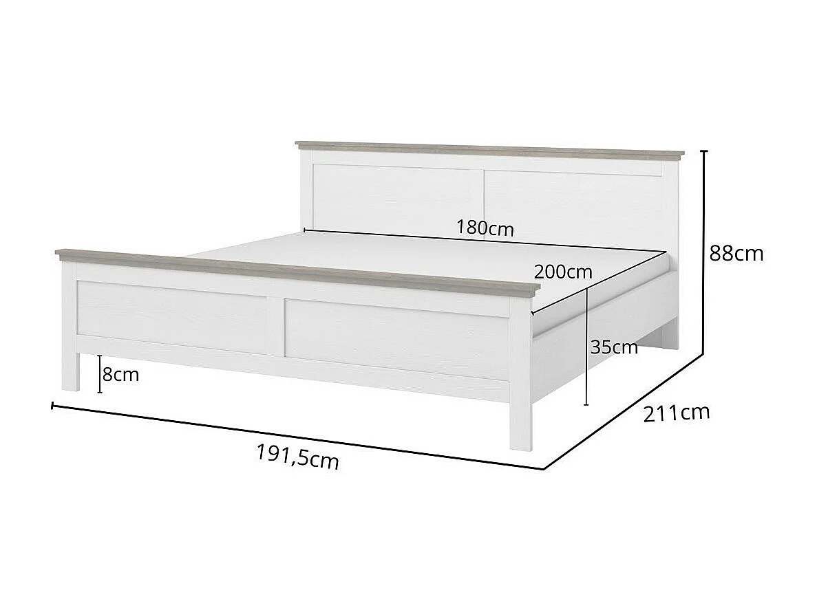 Lit adulte 180x200 collection ASSIA. Coloris blanc et finitions aspect chêne
