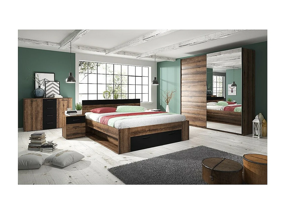 Volwassen bed 160x200 met geïntegreerde lades - EOS-collectie. Donkereiken en zwart coloris.