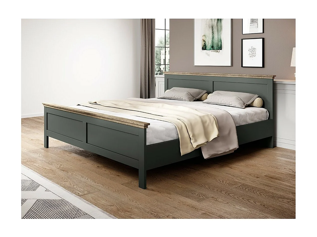 Lit adulte 180x200 collection ASSIA. Coloris vert kaki et finitions aspect chêne