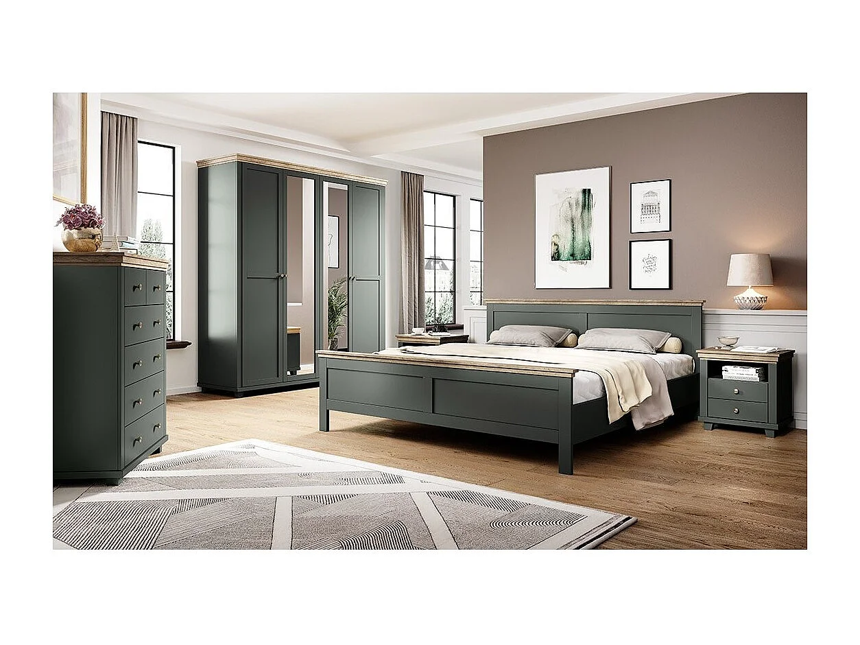 Lit adulte 180x200 collection ASSIA. Coloris vert kaki et finitions aspect chêne