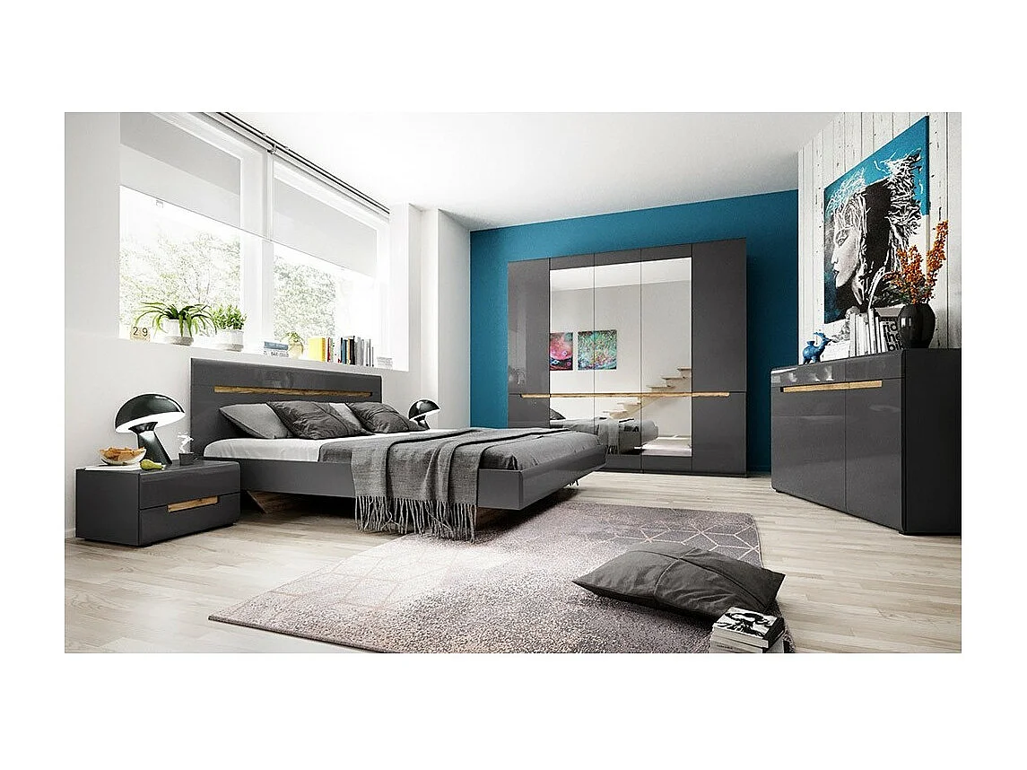 Design volwassen bed 180x200 uit de LUCIA collectie. Kleur grijs en eiken.