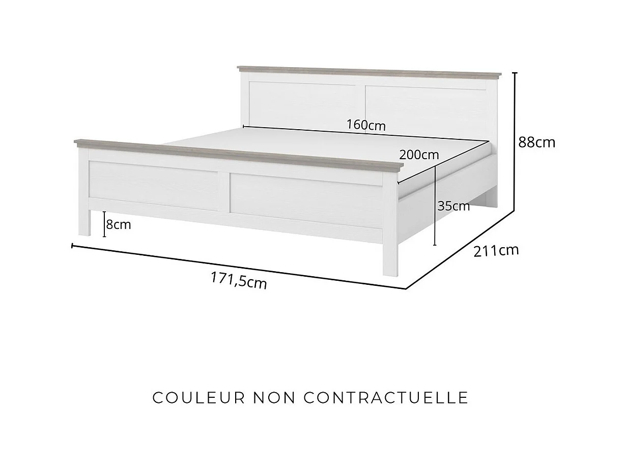 Lit adulte 160x200 collection ASSIA. Coloris vert kaki et finitions aspect chêne
