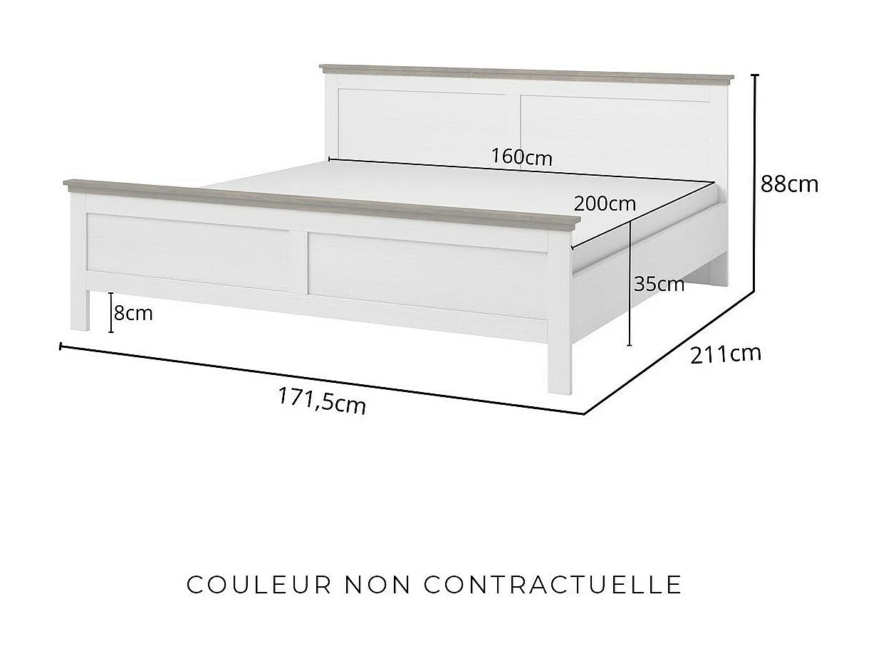 Lit adulte 160x200 collection ASSIA. Coloris vert kaki et finitions aspect chêne