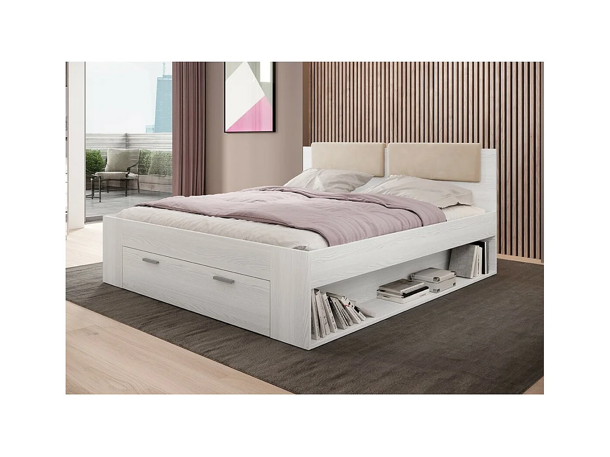 Lit adulte 140x200 avec tiroirs intégrés - Collection FLOYD. Coloris blanc effet bois